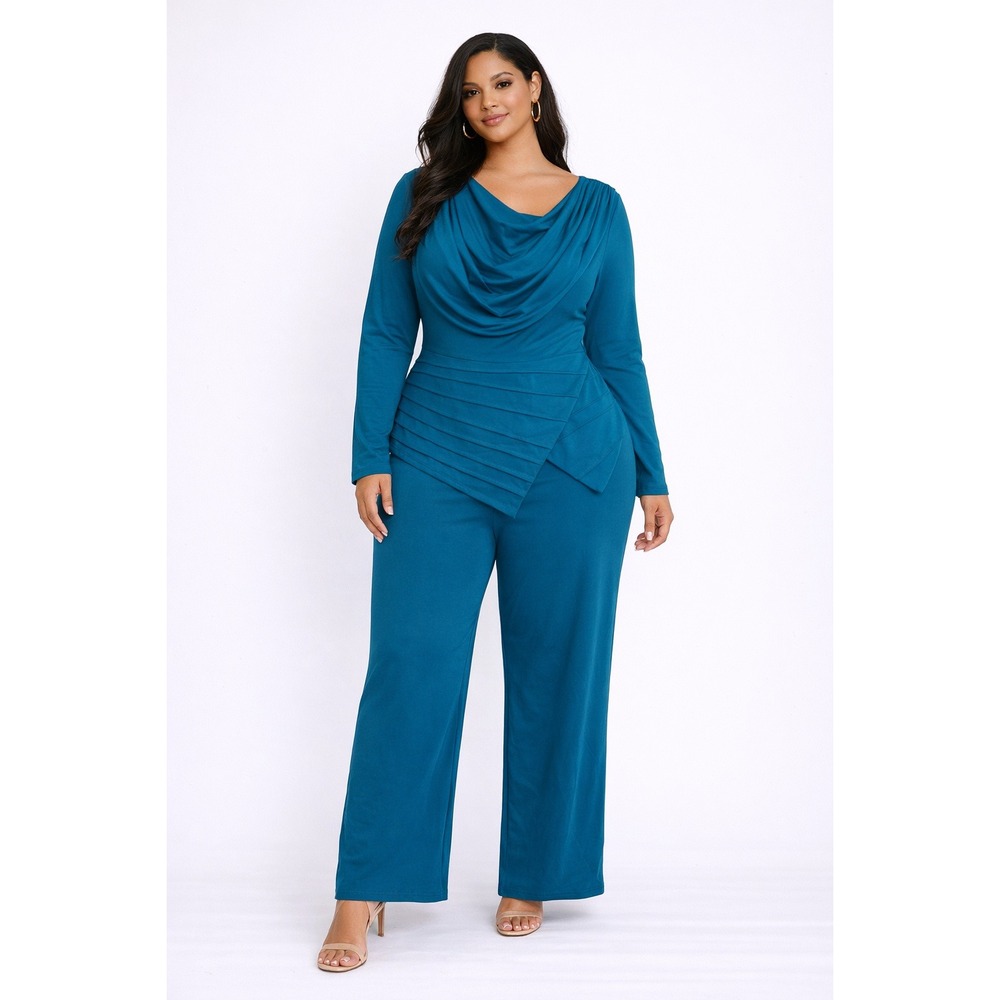 CHICME Teal‎ Blue Cowl Neck Pleated Wide Leg Jumpsuit Women Plus Size L